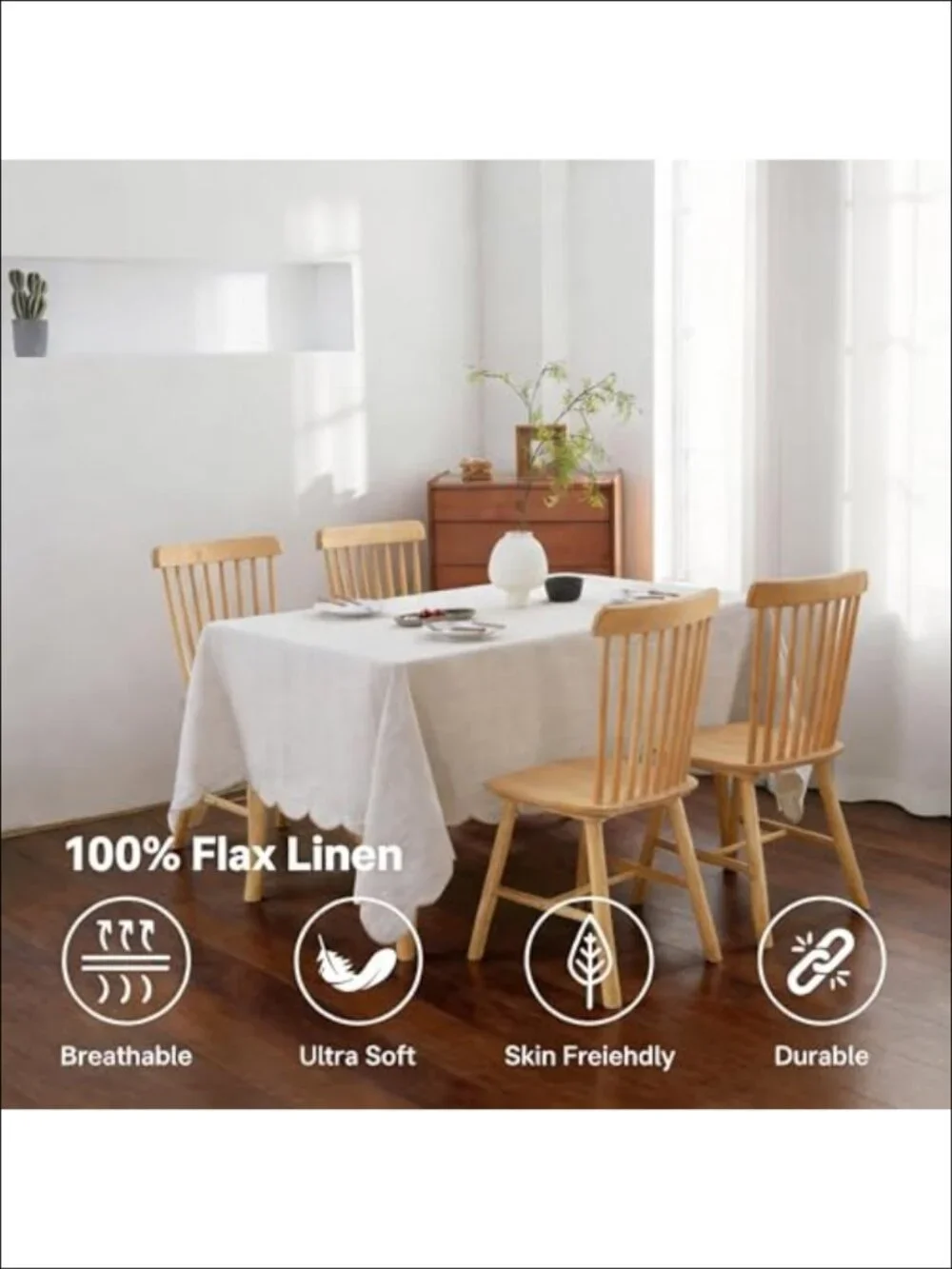 100% French Flax Linen Scalloped Embroidery Tablecloth 108x60 for Dining